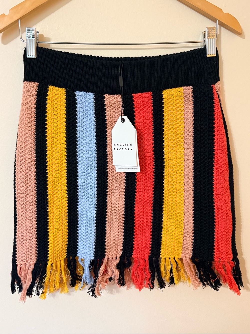 English Factory Black Multicolor Striped Crochet Fringe Mini Skirt (NWT)